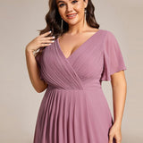 Women's Pleated Wrap Midi Dress with Asymmetric Hem