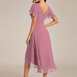 Women's Pleated Wrap Midi Dress with Asymmetric Hem