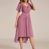 Women's Pleated Wrap Midi Dress with Asymmetric Hem