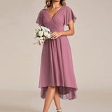 Women's Pleated Wrap Midi Dress with Asymmetric Hem