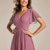 Women's Pleated Wrap Midi Dress with Asymmetric Hem