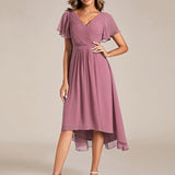 Women's Pleated Wrap Midi Dress with Asymmetric Hem