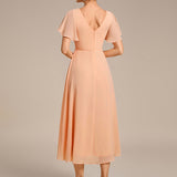 Women's Pleated Wrap Midi Dress with Asymmetric Hem