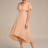Women's Pleated Wrap Midi Dress with Asymmetric Hem