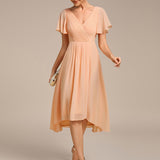 Women's Pleated Wrap Midi Dress with Asymmetric Hem