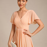 Women's Pleated Wrap Midi Dress with Asymmetric Hem