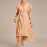 Women's Pleated Wrap Midi Dress with Asymmetric Hem