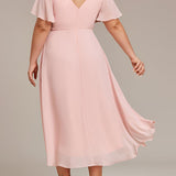 Women's Pleated Wrap Midi Dress with Asymmetric Hem