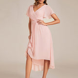 Women's Pleated Wrap Midi Dress with Asymmetric Hem