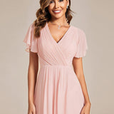 Women's Pleated Wrap Midi Dress with Asymmetric Hem
