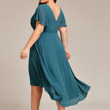 Women's Pleated Wrap Midi Dress with Asymmetric Hem