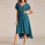 Women's Pleated Wrap Midi Dress with Asymmetric Hem