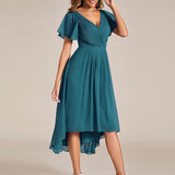 Women's Pleated Wrap Midi Dress with Asymmetric Hem
