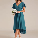 Women's Pleated Wrap Midi Dress with Asymmetric Hem