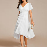 Women's Pleated Wrap Midi Dress with Asymmetric Hem