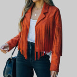 Women's Cropped Fringe Suede Jacket, Notch Collar