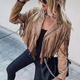 Women's Cropped Fringe Suede Jacket, Notch Collar
