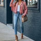 Women's Cropped Fringe Suede Jacket, Notch Collar