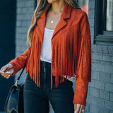 Women's Cropped Fringe Suede Jacket, Notch Collar