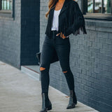 Women's Cropped Fringe Suede Jacket, Notch Collar