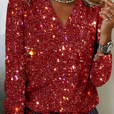 Women's Sequin V-Neck Long Sleeve Blouse