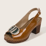 Women's Glossy Leather-Look Ankle Strap Block Heels