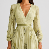 Women's Pleated V-Neck Midi Occasion Dress