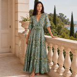 Women's Floral Wrap V-Neck Flared Maxi Dress