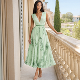 Women's Pleated V-Neck Midi Occasion Dress