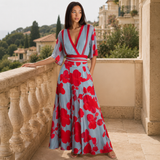 Women's Floral Wrap V-Neck Flared Maxi Dress