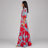 Women's Floral Wrap V-Neck Flared Maxi Dress