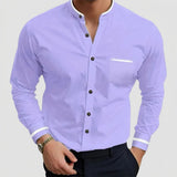 Men's Collarless Long Sleeve Button-Front Shirt