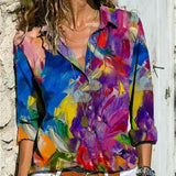 Women's Printed V-Neck Button Blouse