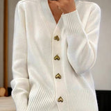 Women's V-Neck Knit Cardigan with Heart Buttons