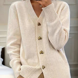 Women's V-Neck Knit Cardigan with Heart Buttons