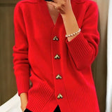 Women's V-Neck Knit Cardigan with Heart Buttons