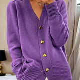 Women's V-Neck Knit Cardigan with Heart Buttons