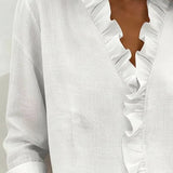 Women's Ruffle V-Neck Button Blouse