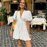 Women's Puff Sleeve V-Neck Mini Dress
