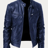 Men's Leather Jacket with Zip and Pockets
