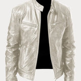 Men's Leather Jacket with Zip and Pockets