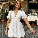 Women's Puff Sleeve V-Neck Mini Dress
