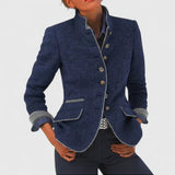 Women's Fitted Stand-Collar Contrast Trim Blazer
