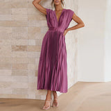 Women's Pleated V-Neck Cap Sleeve Maxi Dress