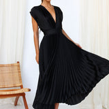 Women's Pleated V-Neck Cap Sleeve Maxi Dress