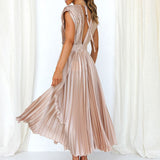 Women's Pleated V-Neck Cap Sleeve Maxi Dress