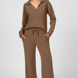Women's Wide-Leg Drawstring Set with Collared Top