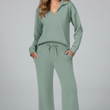Women's Wide-Leg Drawstring Set with Collared Top
