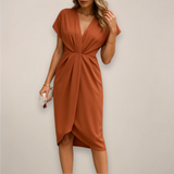 Pleated Wrap-Front V-Neck Midi Dress for Women