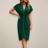 Pleated Wrap-Front V-Neck Midi Dress for Women